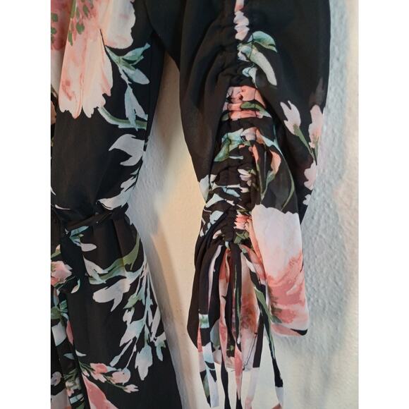 Luxology Women's V Neck Dress Long Sleeve Size 8 Black Pink Floral Short Lined - Picture 3 of 8